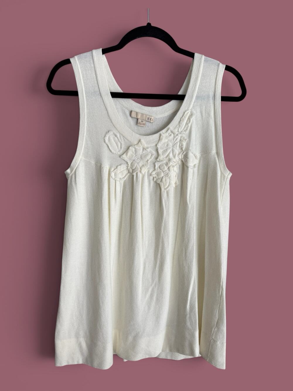 Y2K Forever 21 Sz M Babydoll Tank Embroidered Floral Appliqué Cream White VTG